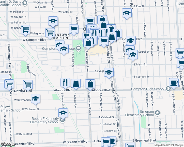 map of restaurants, bars, coffee shops, grocery stores, and more near 114 East Indigo Street in Compton