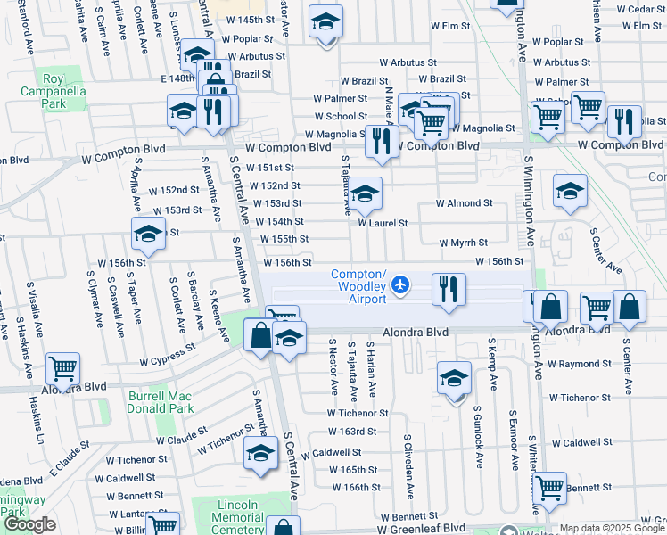 map of restaurants, bars, coffee shops, grocery stores, and more near 1500 West 156th Street in Compton