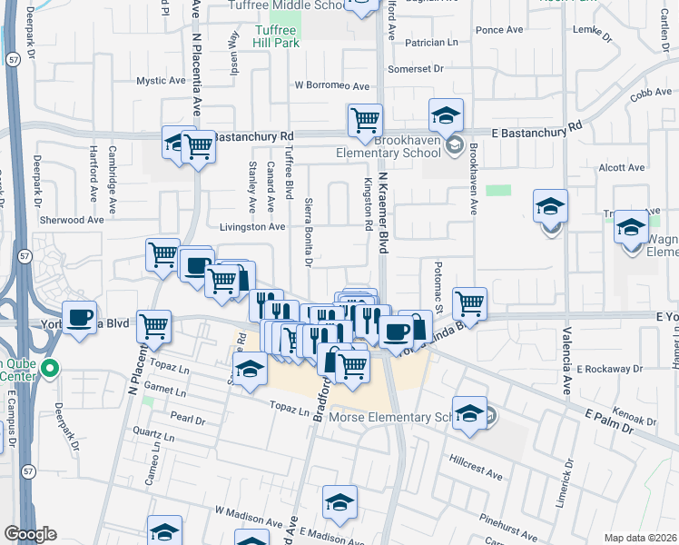 map of restaurants, bars, coffee shops, grocery stores, and more near 1545 La Salle Circle in Placentia