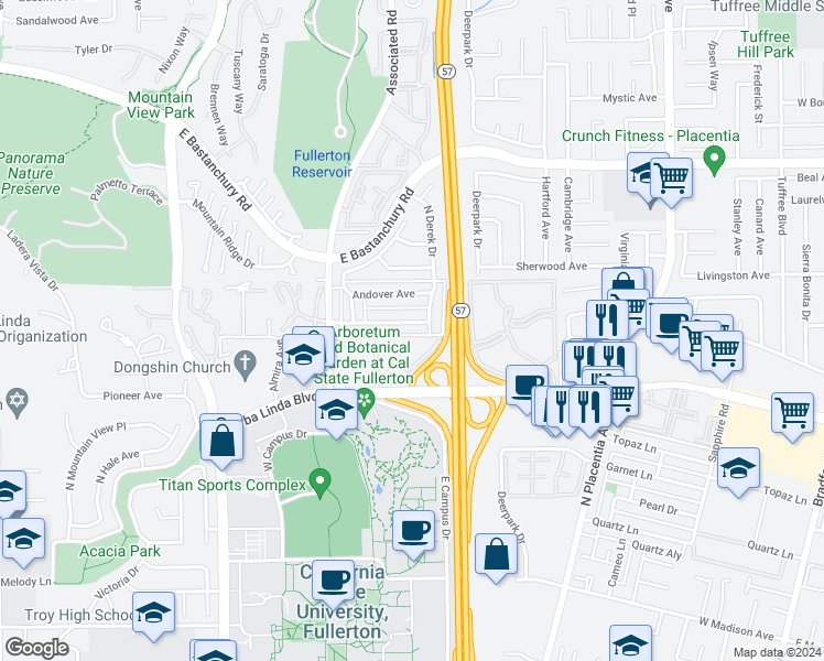 map of restaurants, bars, coffee shops, grocery stores, and more near 2684 Milton Avenue in Fullerton