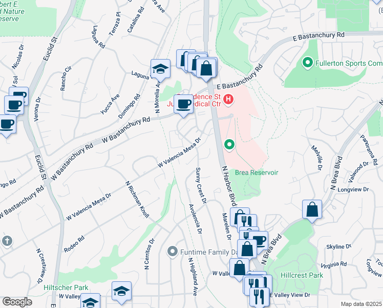 map of restaurants, bars, coffee shops, grocery stores, and more near 1709 Sunny Crest Drive in Fullerton