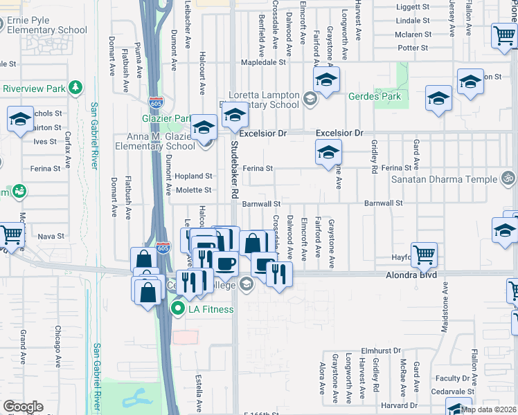 map of restaurants, bars, coffee shops, grocery stores, and more near 15402 Benfield Avenue in Norwalk
