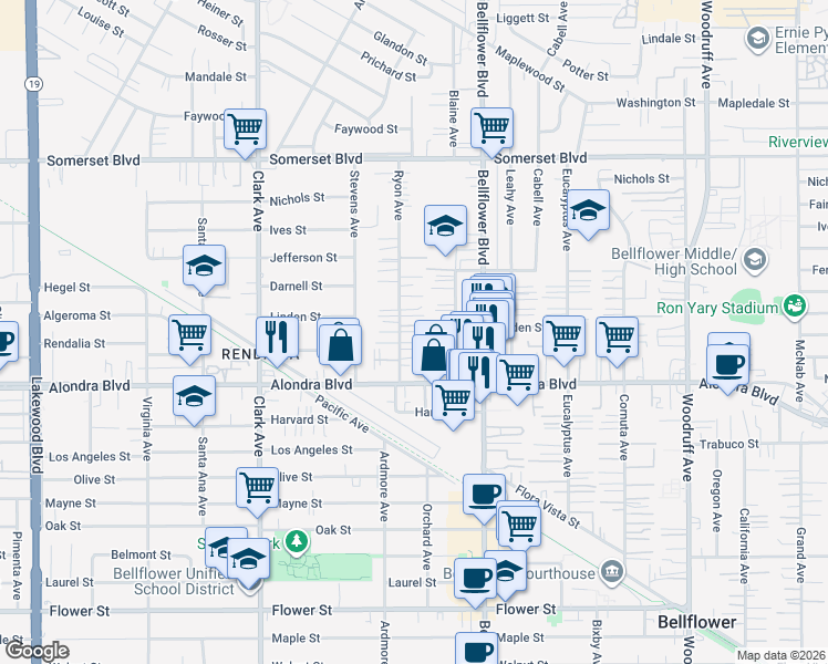 map of restaurants, bars, coffee shops, grocery stores, and more near 15724 1/2 Ryon Avenue in Bellflower