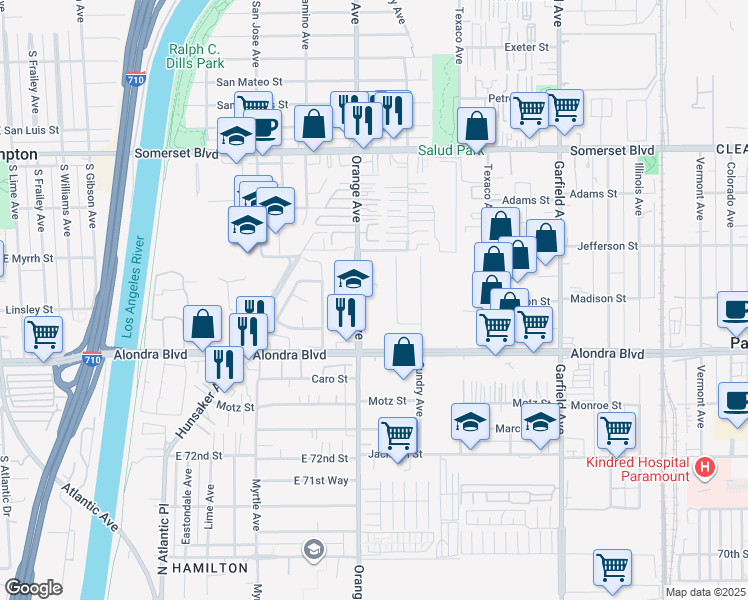 map of restaurants, bars, coffee shops, grocery stores, and more near 15556 Orange Avenue in Paramount