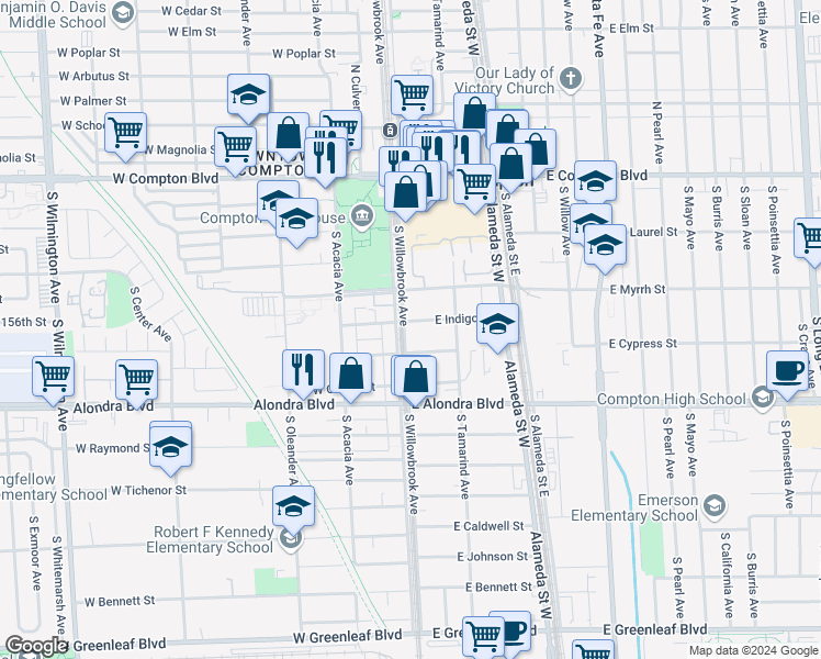 map of restaurants, bars, coffee shops, grocery stores, and more near 601 South Willowbrook Avenue in Compton