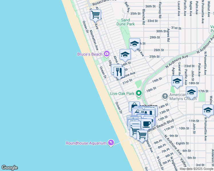 map of restaurants, bars, coffee shops, grocery stores, and more near 124 21st Place in Manhattan Beach