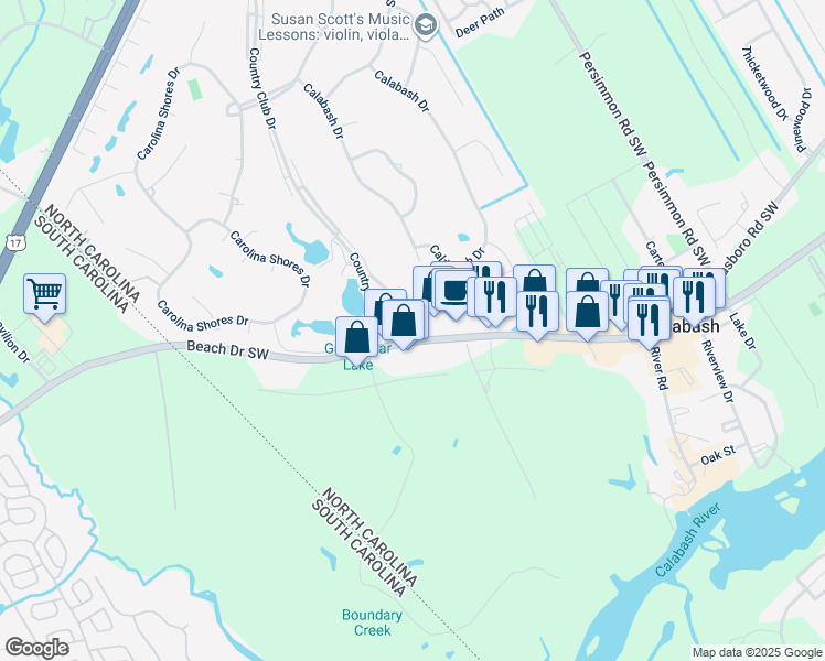 map of restaurants, bars, coffee shops, grocery stores, and more near 10170 North Carolina 179 in Calabash