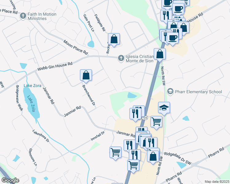 map of restaurants, bars, coffee shops, grocery stores, and more near 1800 Coachman Cove Southwest in Snellville
