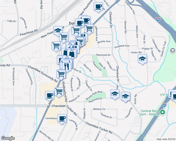map of restaurants, bars, coffee shops, grocery stores, and more near 3433 Alison Drive in Doraville
