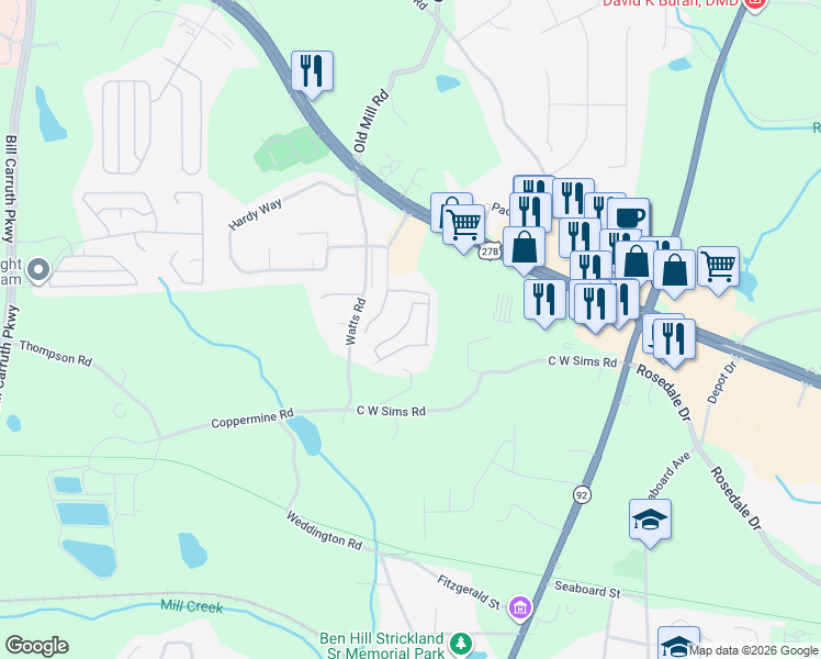 map of restaurants, bars, coffee shops, grocery stores, and more near 87 Prospect Path in Hiram