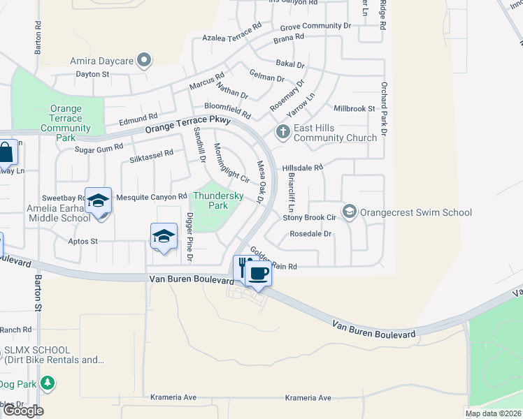 map of restaurants, bars, coffee shops, grocery stores, and more near 8800 Mesa Oak Drive in Riverside