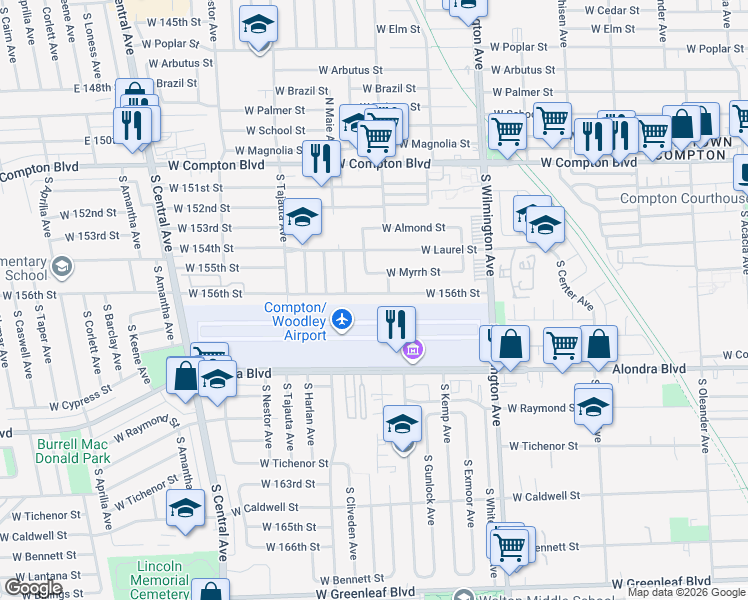map of restaurants, bars, coffee shops, grocery stores, and more near 1006 West 156th Street in Compton