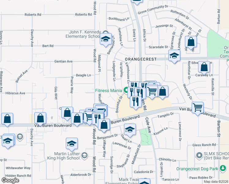 map of restaurants, bars, coffee shops, grocery stores, and more near 8721 Lodgepole Lane in Riverside