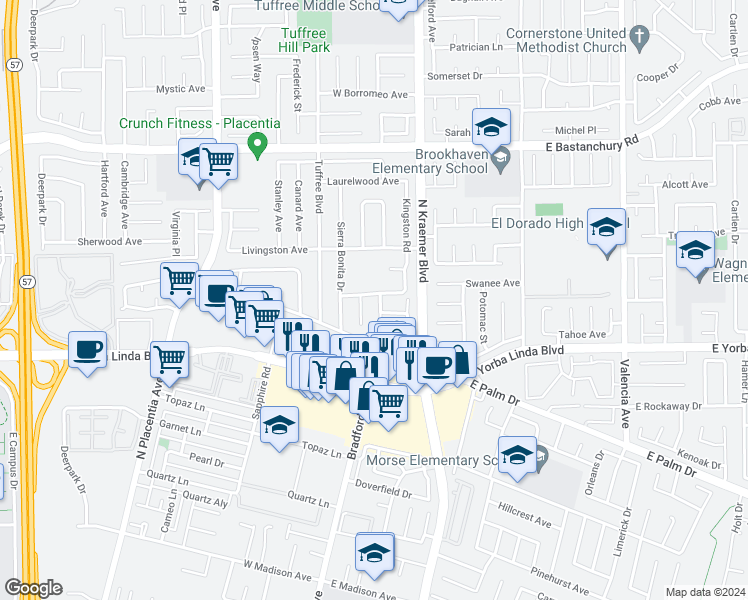 map of restaurants, bars, coffee shops, grocery stores, and more near 1545 La Salle Circle in Placentia