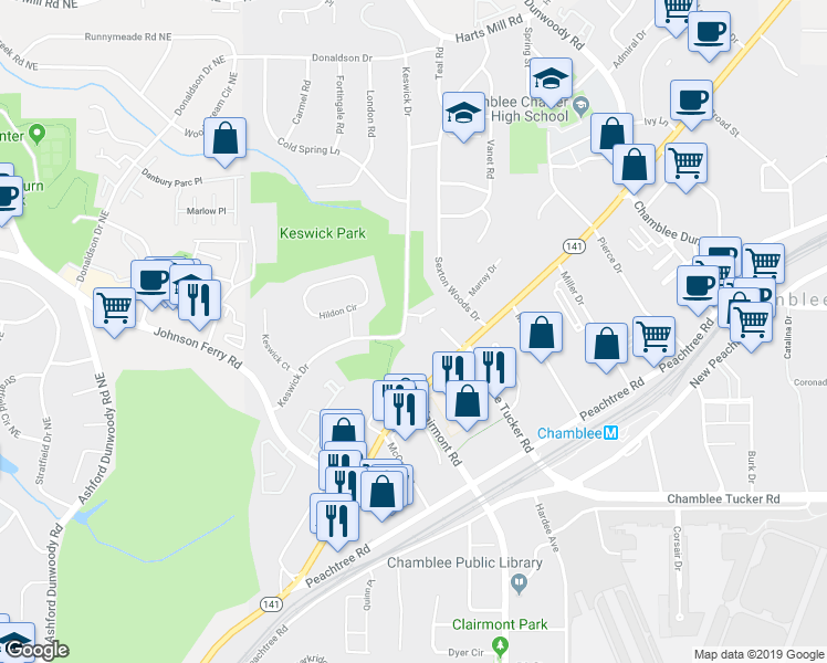 map of restaurants, bars, coffee shops, grocery stores, and more near 3493 Keswick Drive in Atlanta