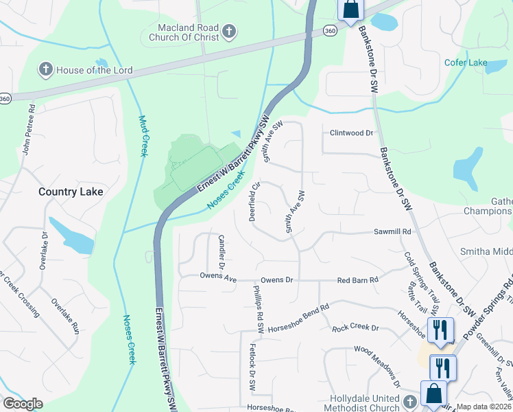 map of restaurants, bars, coffee shops, grocery stores, and more near 2564 Thorns Hill Pl SW in Marietta