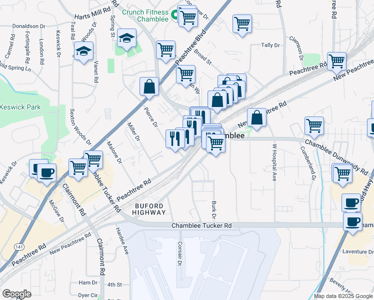 map of restaurants, bars, coffee shops, grocery stores, and more near 3409 Heartwood Lane in Atlanta