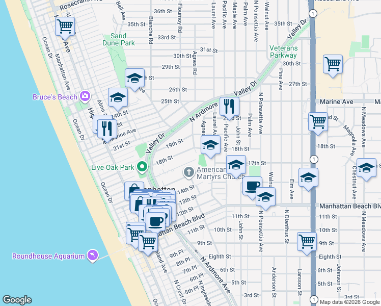 map of restaurants, bars, coffee shops, grocery stores, and more near 676 18th Street in Manhattan Beach