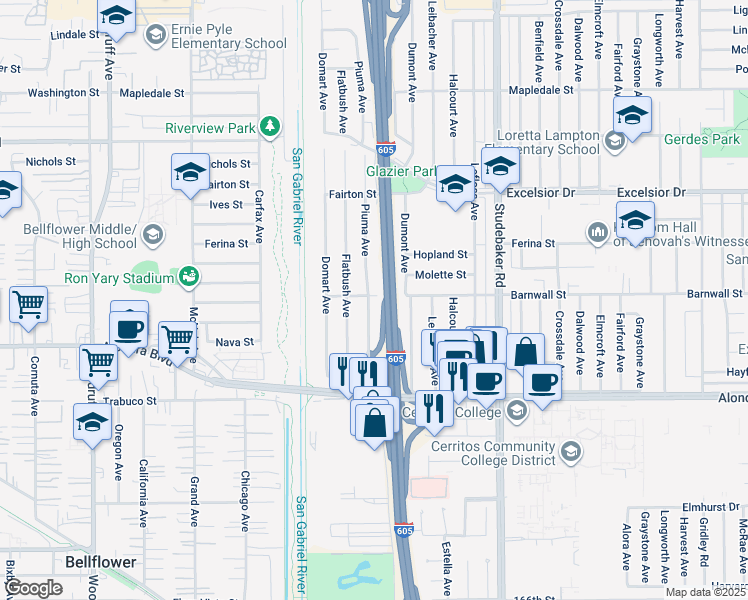 map of restaurants, bars, coffee shops, grocery stores, and more near 15402 Piuma Avenue in Norwalk