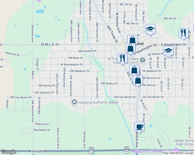 map of restaurants, bars, coffee shops, grocery stores, and more near 500 Southwest Fairview Avenue in Idabel