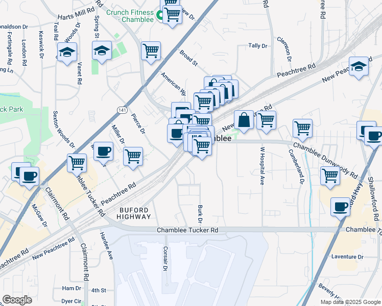 map of restaurants, bars, coffee shops, grocery stores, and more near 5383 New Peachtree Road in Chamblee