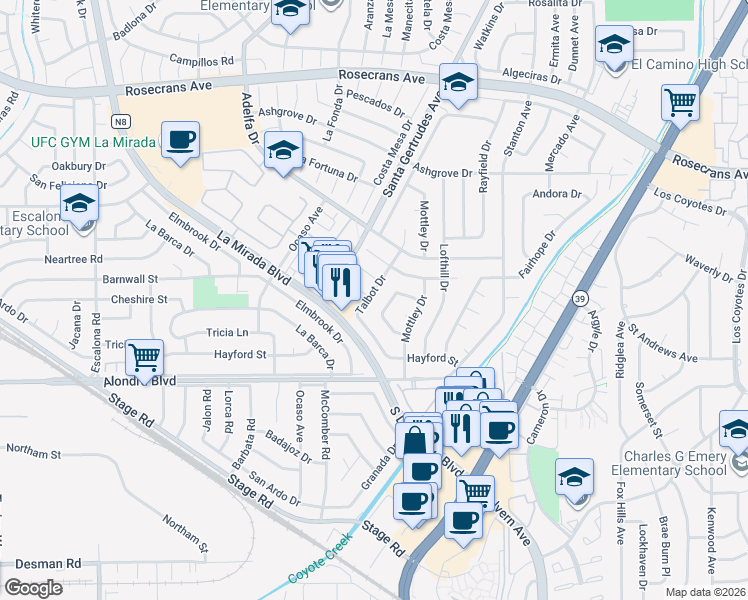 map of restaurants, bars, coffee shops, grocery stores, and more near 15346 Talbot Drive in La Mirada
