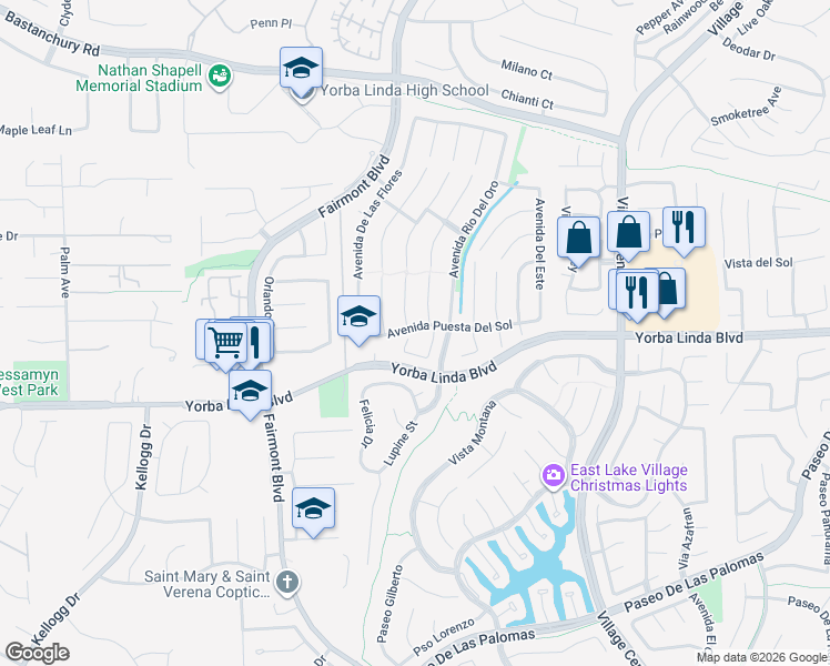 map of restaurants, bars, coffee shops, grocery stores, and more near 4761 Vía Alameda in Yorba Linda