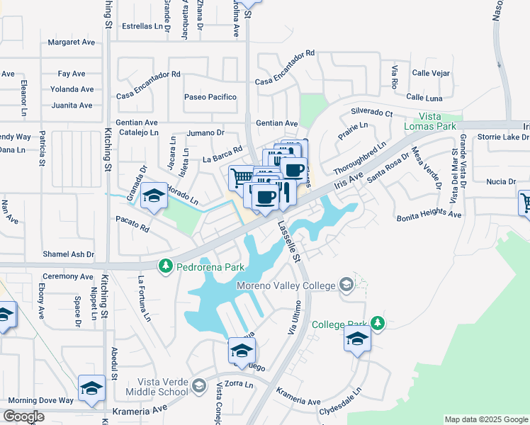 map of restaurants, bars, coffee shops, grocery stores, and more near 25960 Iris Avenue in Moreno Valley