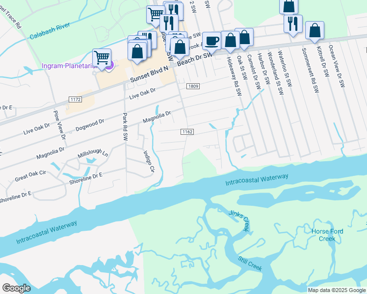 map of restaurants, bars, coffee shops, grocery stores, and more near 7414 Seaside Road Southwest in Sunset Beach