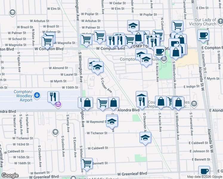 map of restaurants, bars, coffee shops, grocery stores, and more near 636 West Indigo Street in Compton