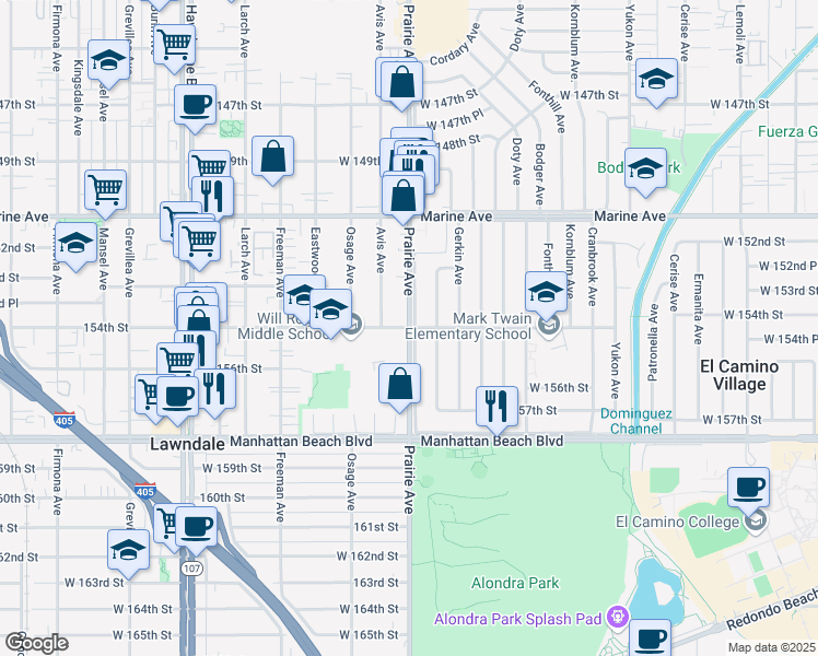 map of restaurants, bars, coffee shops, grocery stores, and more near 4130 154th Street in Lawndale