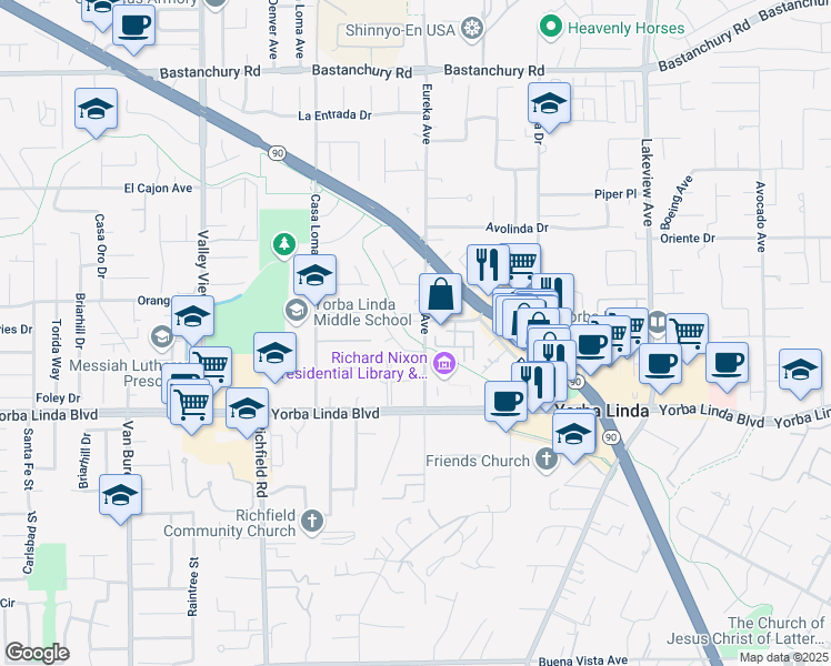 map of restaurants, bars, coffee shops, grocery stores, and more near 4811 Eureka Avenue in Yorba Linda