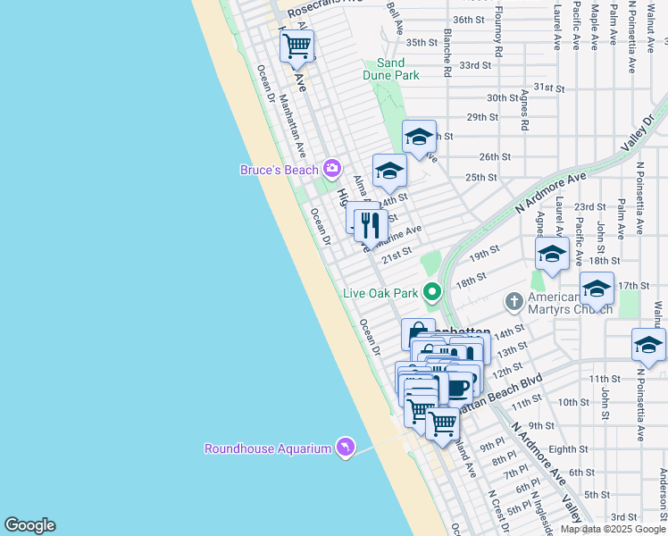 map of restaurants, bars, coffee shops, grocery stores, and more near 2120 The Strand in Manhattan Beach
