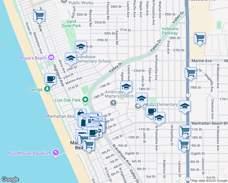 map of restaurants, bars, coffee shops, grocery stores, and more near 676 18th Street in Manhattan Beach
