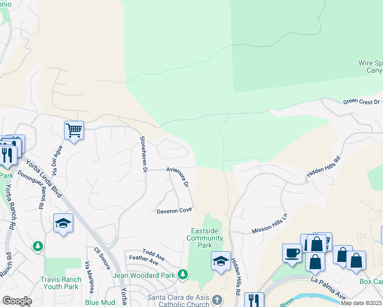 map of restaurants, bars, coffee shops, grocery stores, and more near 21925 Heatheridge Drive in Yorba Linda
