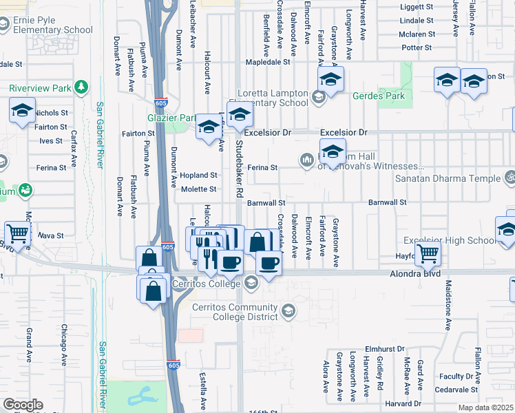 map of restaurants, bars, coffee shops, grocery stores, and more near 15400 Studebaker Road in Norwalk