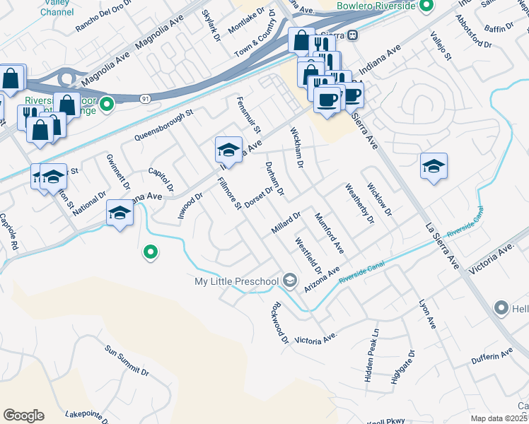 map of restaurants, bars, coffee shops, grocery stores, and more near 3237 Layton Court in Riverside