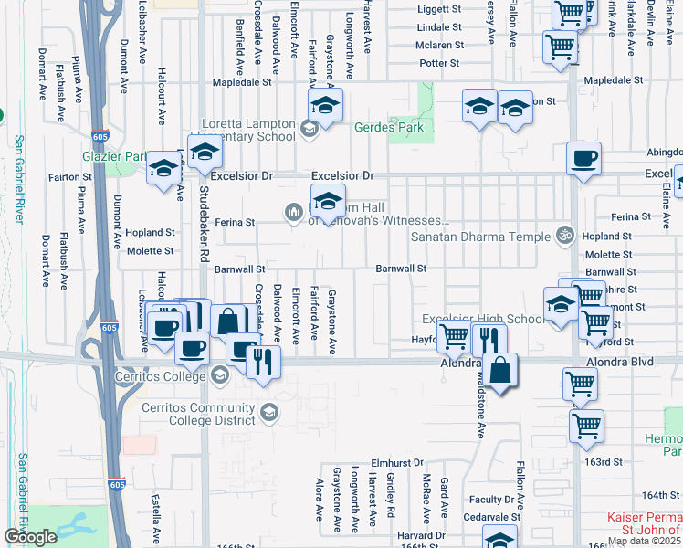 map of restaurants, bars, coffee shops, grocery stores, and more near 11260 Barnwall Street in Norwalk
