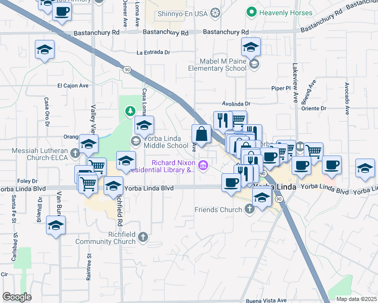 map of restaurants, bars, coffee shops, grocery stores, and more near 4811 Eureka Avenue in Yorba Linda