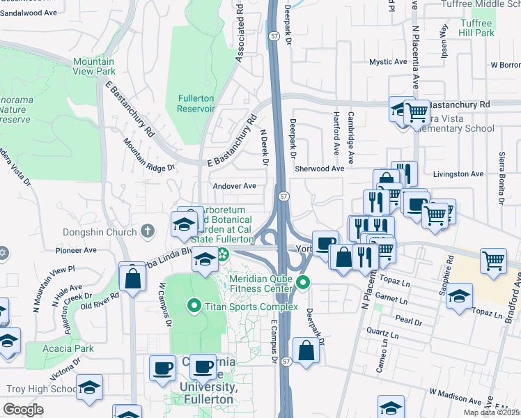 map of restaurants, bars, coffee shops, grocery stores, and more near 2684 Milton Avenue in Fullerton