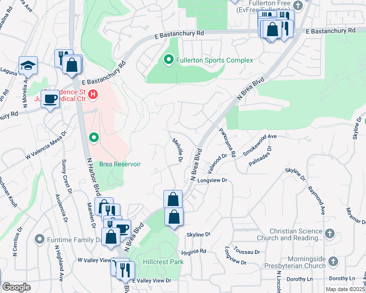 map of restaurants, bars, coffee shops, grocery stores, and more near 136 Melville Drive in Fullerton