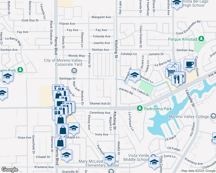 map of restaurants, bars, coffee shops, grocery stores, and more near 15755 Bluechip Circle in Moreno Valley