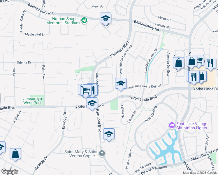 map of restaurants, bars, coffee shops, grocery stores, and more near 19832 Majorca Lane in Yorba Linda