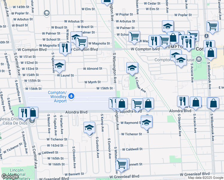map of restaurants, bars, coffee shops, grocery stores, and more near 808 West 156th Street in Compton