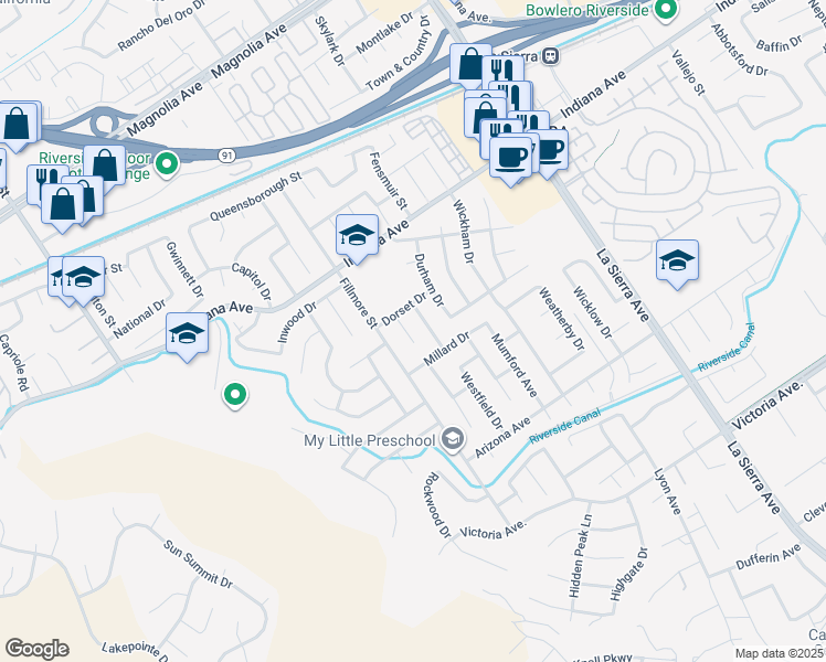 map of restaurants, bars, coffee shops, grocery stores, and more near 3237 Layton Court in Riverside