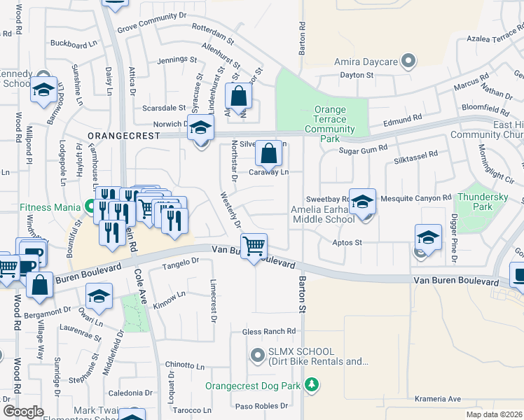map of restaurants, bars, coffee shops, grocery stores, and more near 19940 Saint Francis Drive in Riverside