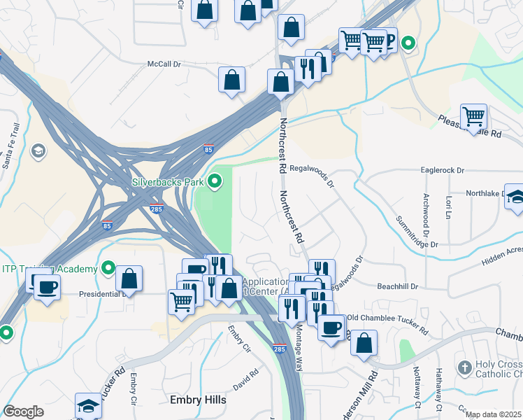 map of restaurants, bars, coffee shops, grocery stores, and more near 3349 Arbor Path Drive in Atlanta