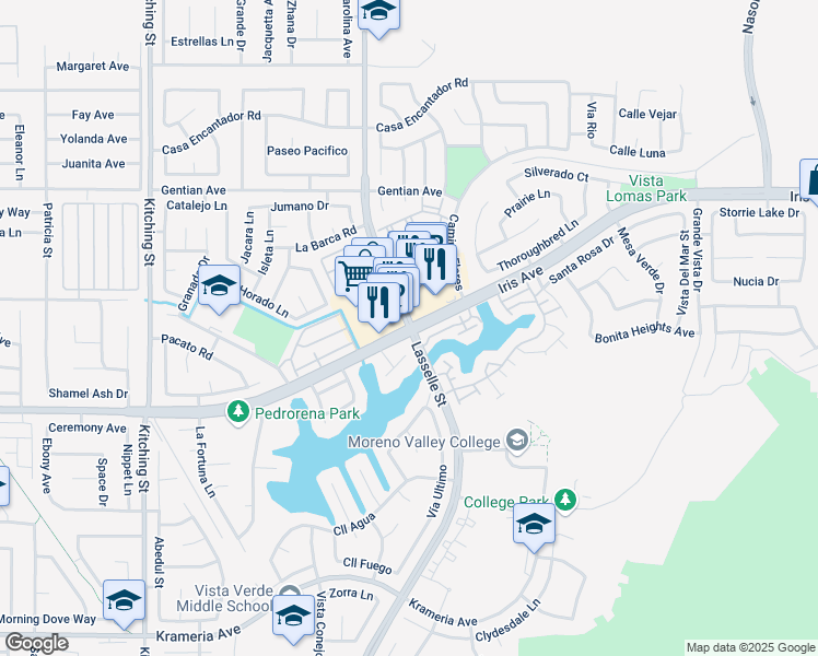 map of restaurants, bars, coffee shops, grocery stores, and more near Iris Avenue & Lasselle Street in Moreno Valley