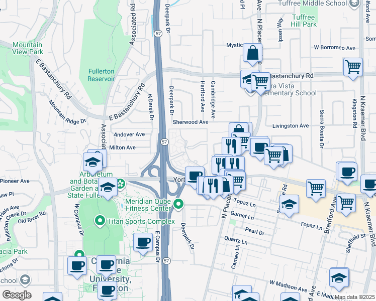 map of restaurants, bars, coffee shops, grocery stores, and more near 1942 North Deerpark Drive in Fullerton