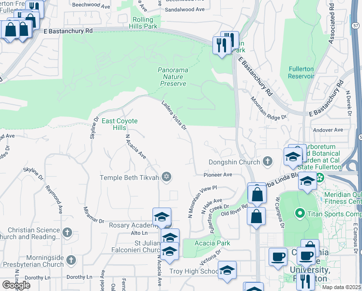 map of restaurants, bars, coffee shops, grocery stores, and more near 1819 Ladera Vista Drive in Fullerton